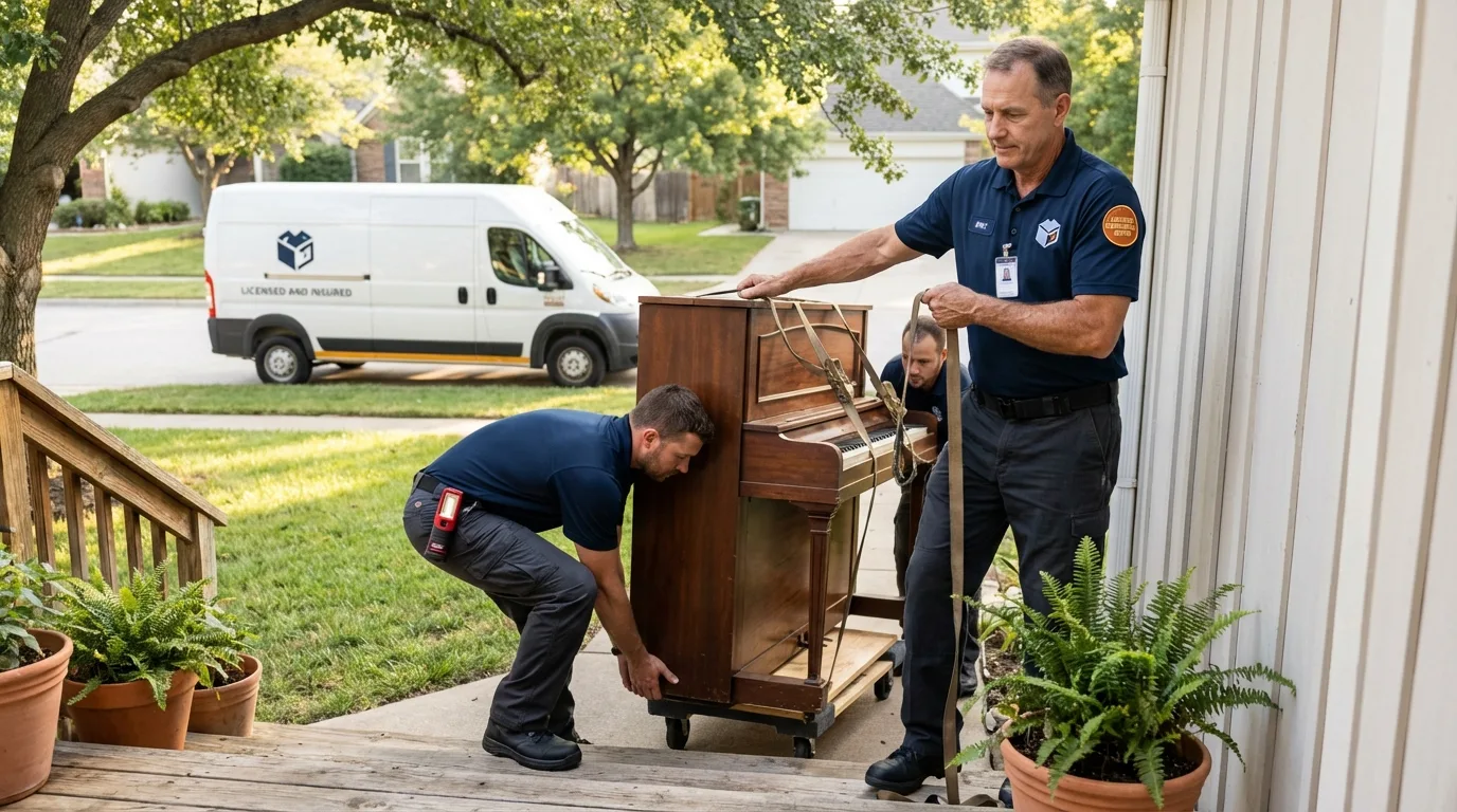 Licensed piano movers securing grand piano in Hobart, IN