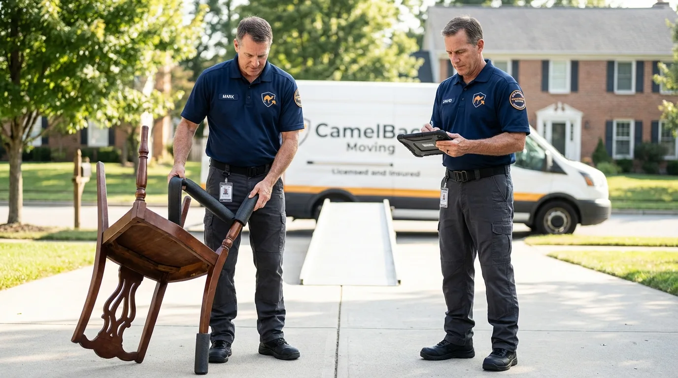 Movers inspecting furniture for damage prevention before loading in Hobart, IN